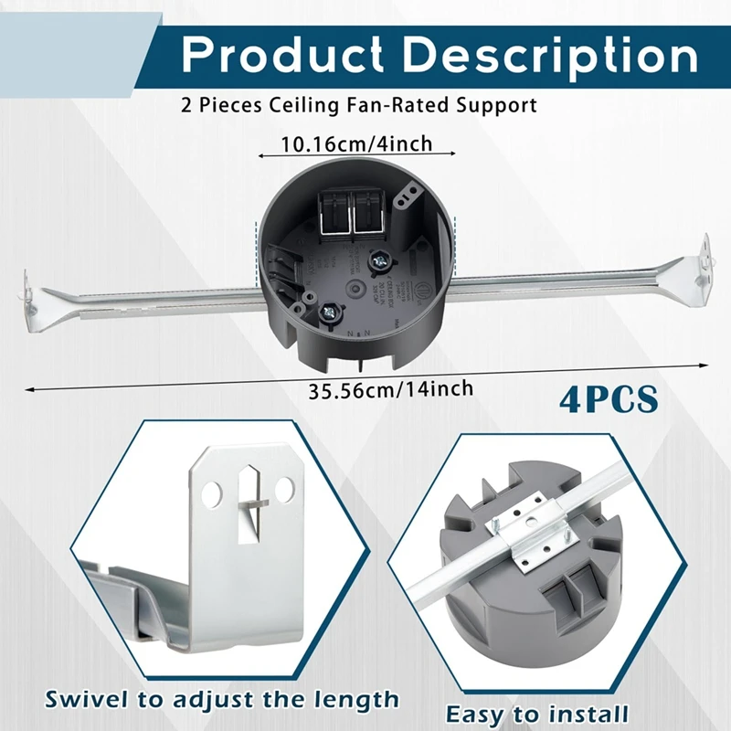 ABKP-4Pcs 천장 선풍기 버팀대, 조정 가능한 전기 상자, 지지대 바, 천장 선풍기 및 조명 고정장치 설치용, 14-24.5 인치