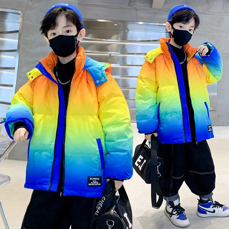 Warm Boys Winter Gradient Contrast Cotton Lined Zip Puff Jackets School Kids Windbreaker Parka Child Track Coats Outfits 5-16 Yr