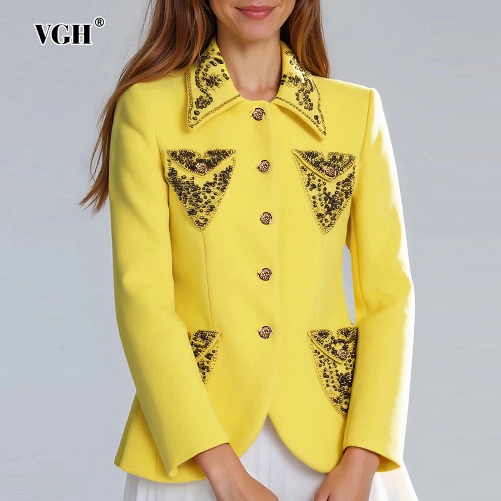

VGH Temperament Solid Slimming Jackets For Women Lapel Long Sleeve Spliced Button Designer Party Jacket Female Fashion Style New