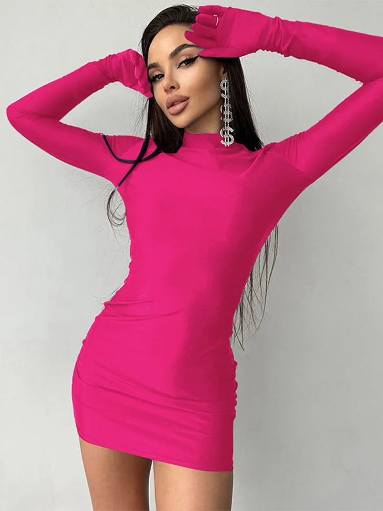 

Solid Long Sleeve With Gloves Mini Dress Bodycon Sexy Streetwear Party Half Turtleneck Outfits Y2K Clothes Wholesale