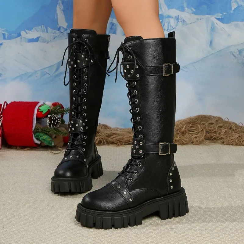 Women Boots Fashion Thick-soled Casual Leather Boot Belt Buckle Rivet Punk Style Boot Women Mid-calf Knight Boots Botas Feminina