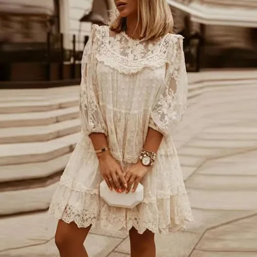 

Women's Dress 2024 Summer New Fashion Five-quarter Sleeve Lace Elegant Office Women's Splicing Short Casual