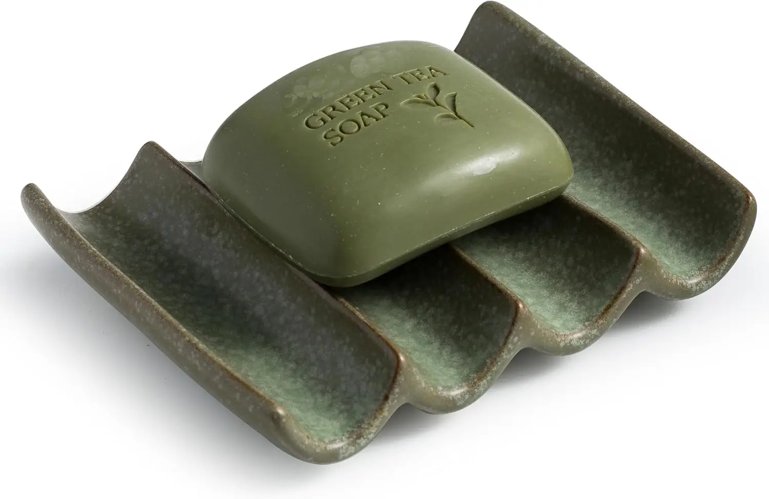 

Ceramic Soap Dish with Fluted Design, Bar Soap Holder for Shower and Bathroom, Green