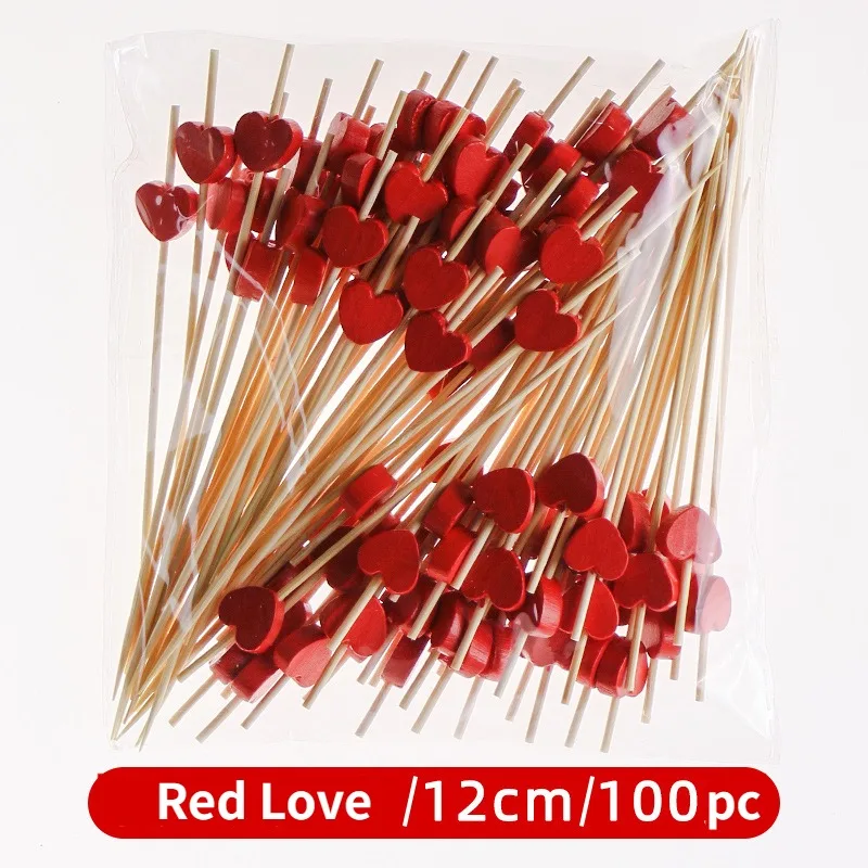 Descartável Red Heart Fruit Sticks, Bambu Wedding Party Supplies, Chuveiro nupcial, Decoração de aniversário, Dia dos Namorados, 50 pcs por