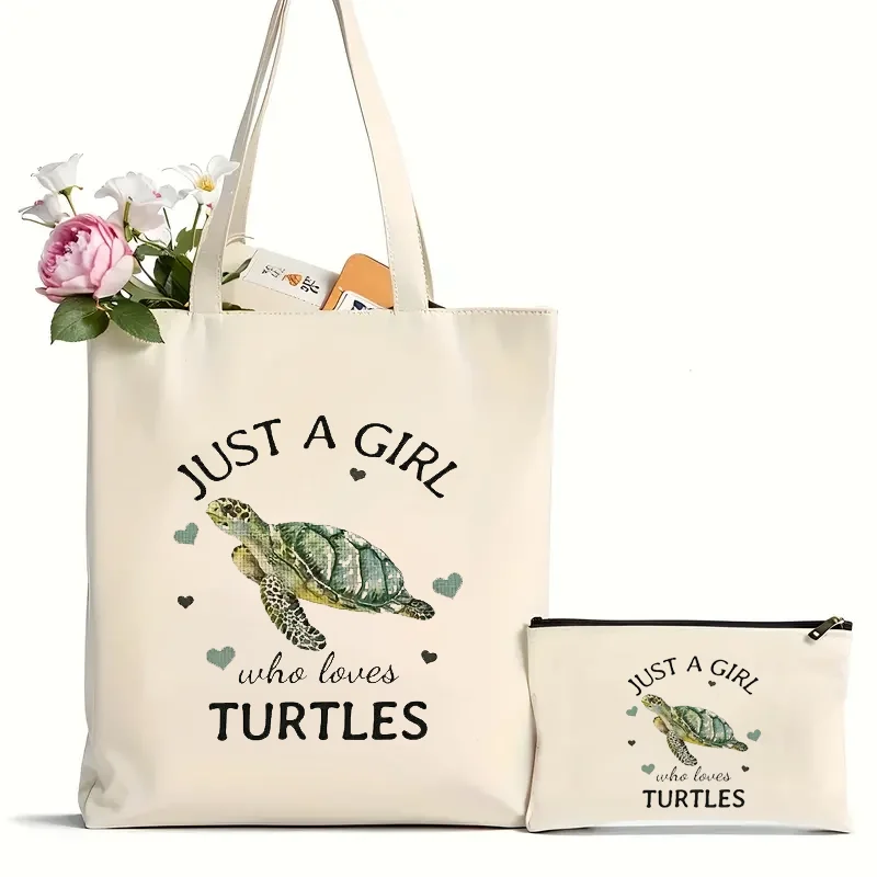 2Pcs Just A Girl Who Loves Turtles Canvas Tote Bag Aesthetic Tote Bag For Women Teacher Shopping Gift Bag For Mother's Day 1PC