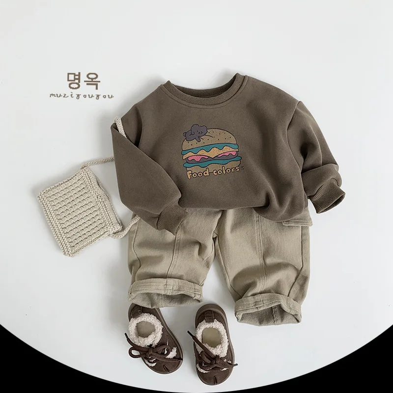 Children Boys Printed Fleece Sweatshirt Winter Retro Versatile Infant Boy Pullovers Hamburger Pattern  Kid Boy Velvet Basic Tops