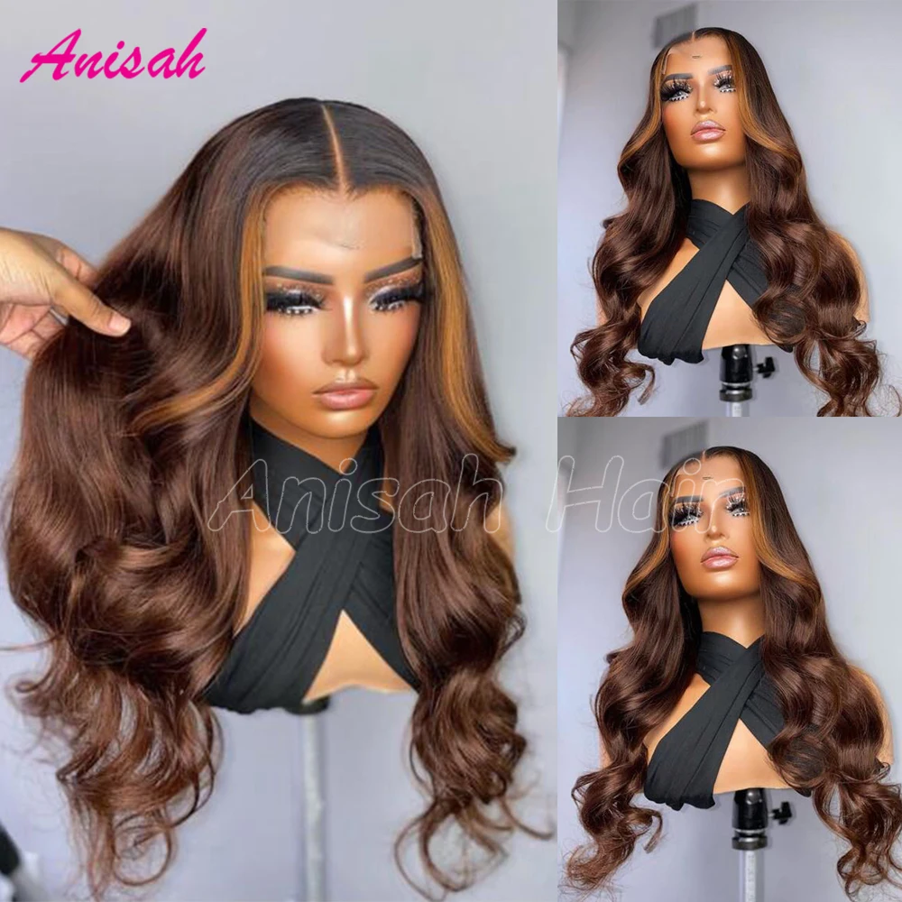 

Chocolate Brown 13x4 Body Wave Lace Front Wig Preplucked Glueless Brazilian Highlight Ombre Lace Frontal Wigs For Women