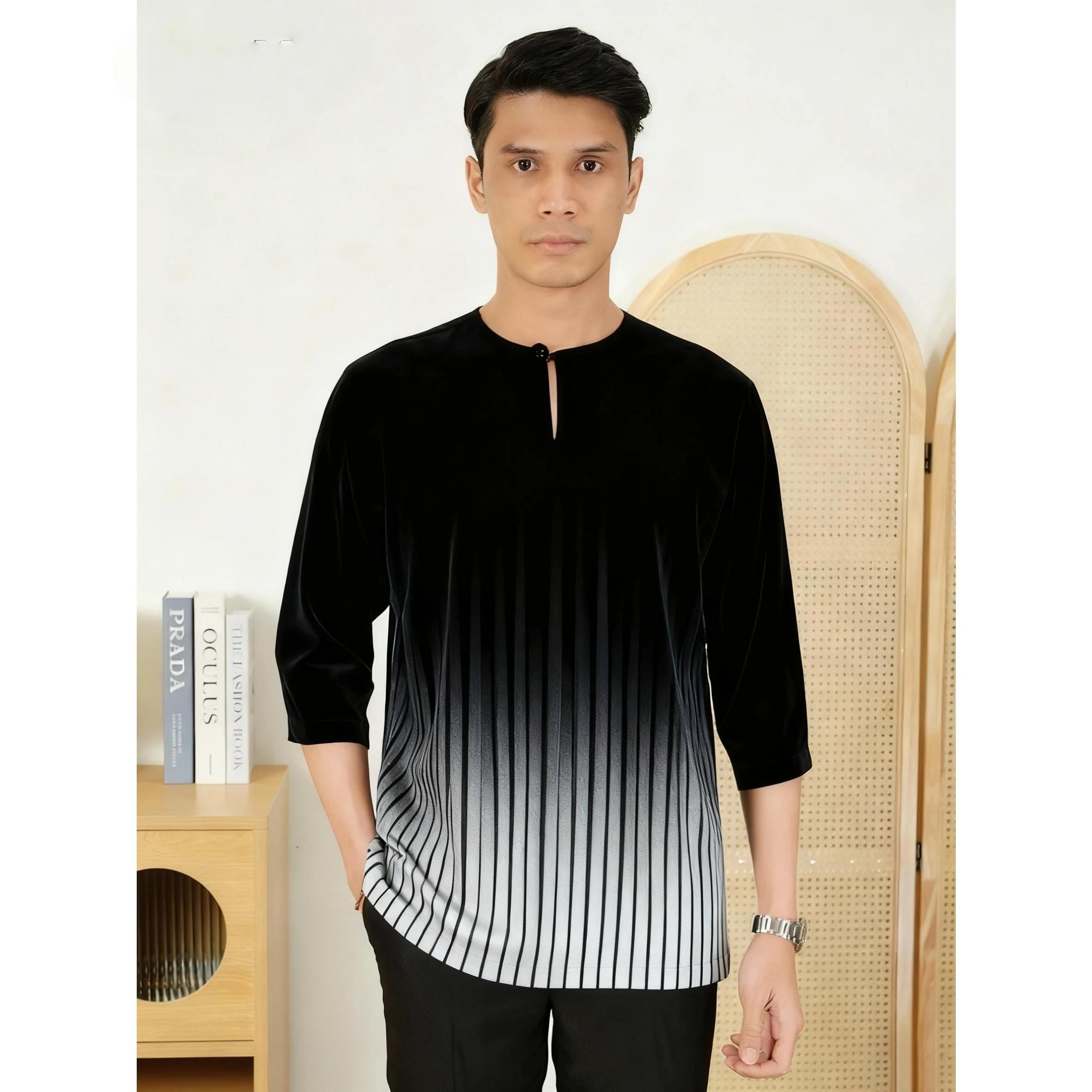 تي شيرت إسلامي مخطط مطرز للعيد بأكمام قصيرة جوبا عبايات فضفاضة غير رسمية 2026 Ropa Hombre إسلامية #1