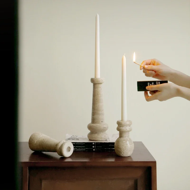

Retro Style Natural Travertine Geometric Vertical Candlestick Design Ornament For Home And Hotel Desktop Atmosphere Decoration