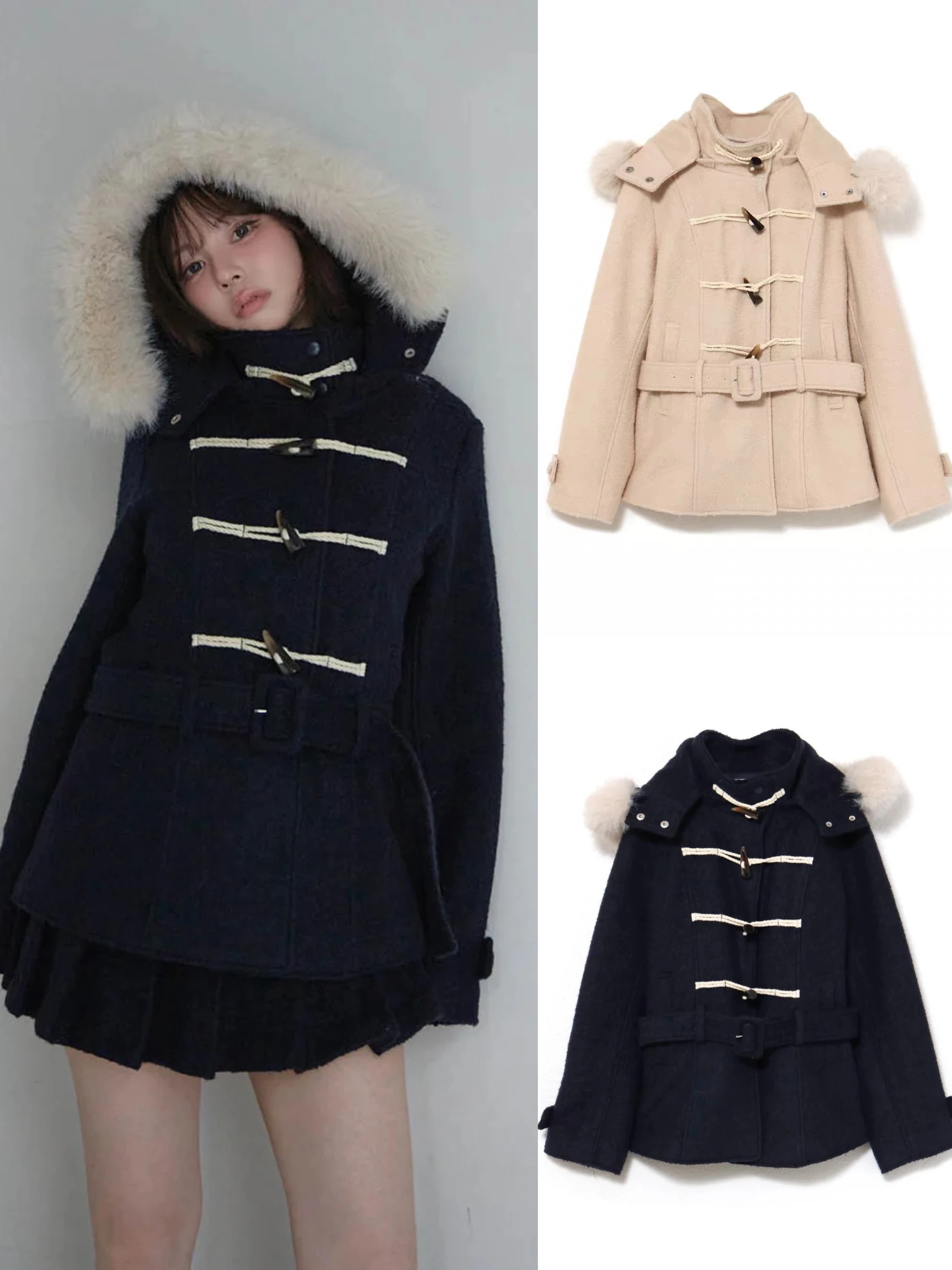 

Japanese Sle ort Woolen Coat with Hat And Horn Buttons Versatile Top for Women Straight Cut Commute Sle Long Sve
