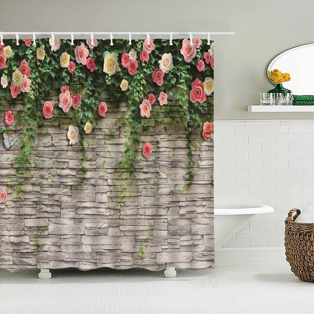 Waterproof Flowers Grass Plant Rock Wall Shower Curtain For Bathroom Bath Curtains Extra Long 180*200 CM 3d