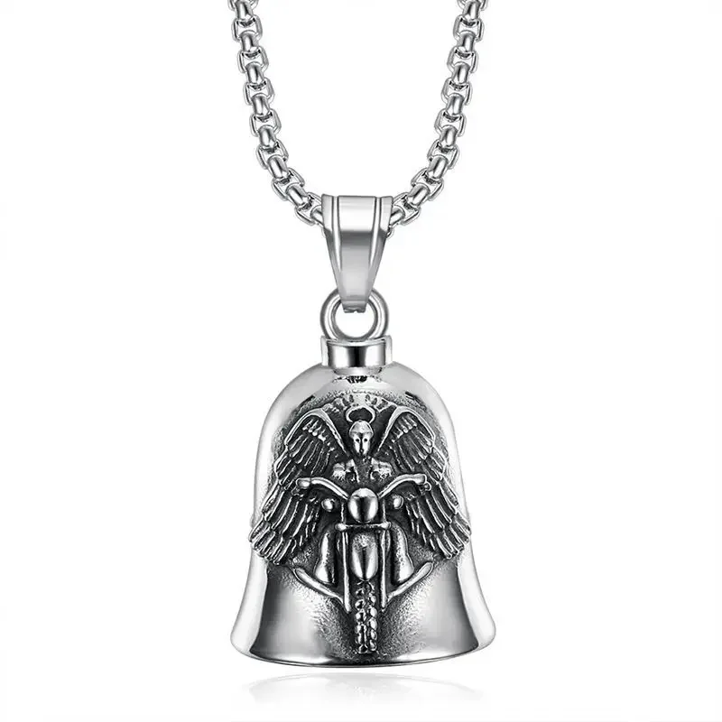 Retro punk angel wings motorcycle lucky bell necklace men\'s motorcycle rock trend cool jewelry