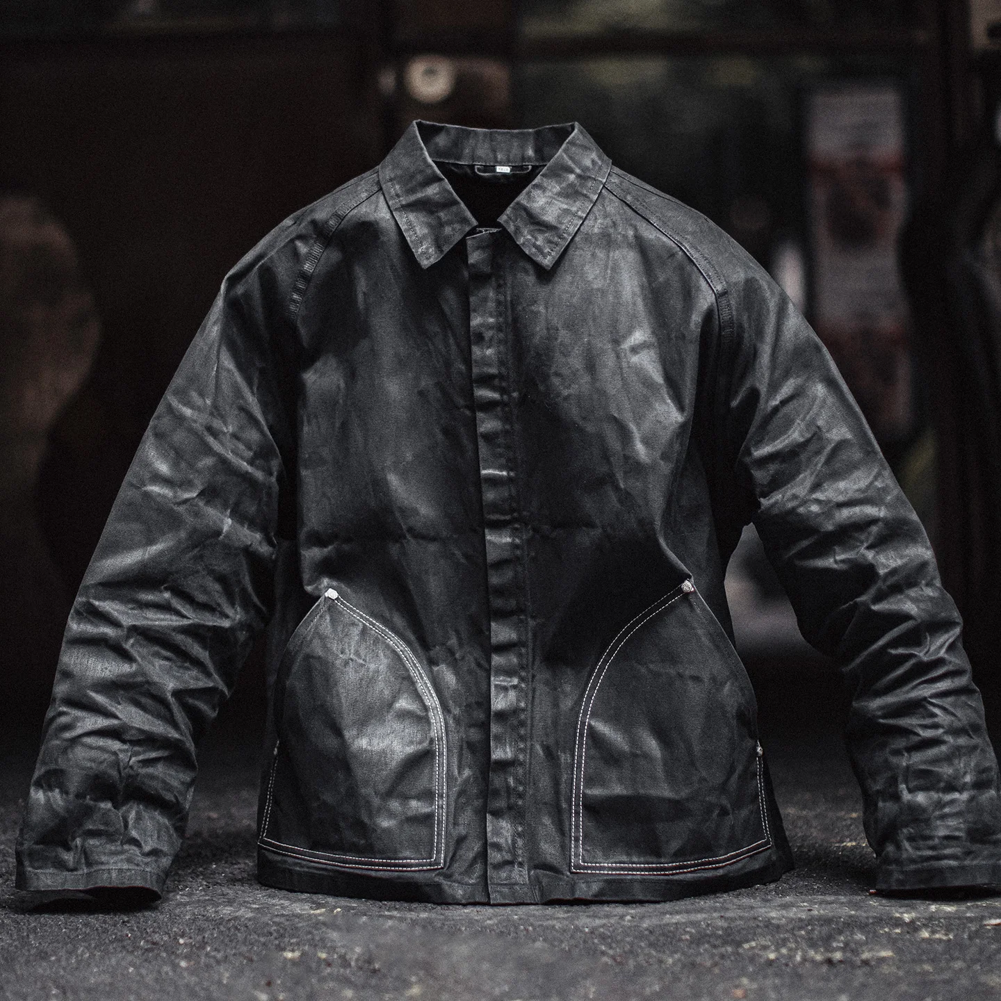 Maden Black Oil Waxed Canvas Hunting Jacket Contrast Topstitching Rugged Cropped Outerwear Casual Short Length for Men Autumn