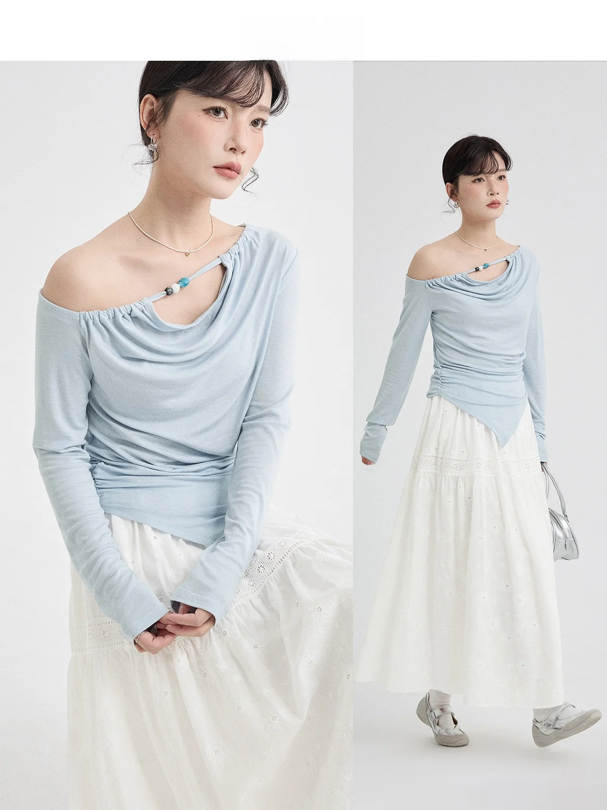 

Guier Casual Long Sve T-irt Women's Spring New Irregular Waist-Cinching Pleated Design Sense Top oulder Design