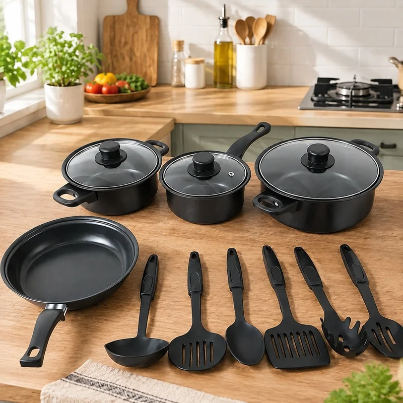 Complete 13-Piece Set of Black Nonstick Pots, Pans, and Cooking Tools Compatible with Induction for Indoor and Outdoor Use