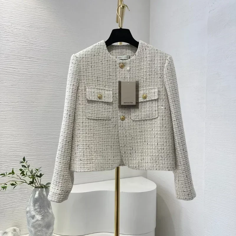 Beige Plaid Gold Buttons High Quality Elegant New Arrivals 2024 Fashion Women Office Lady Long Sleeve Tweed Jacket