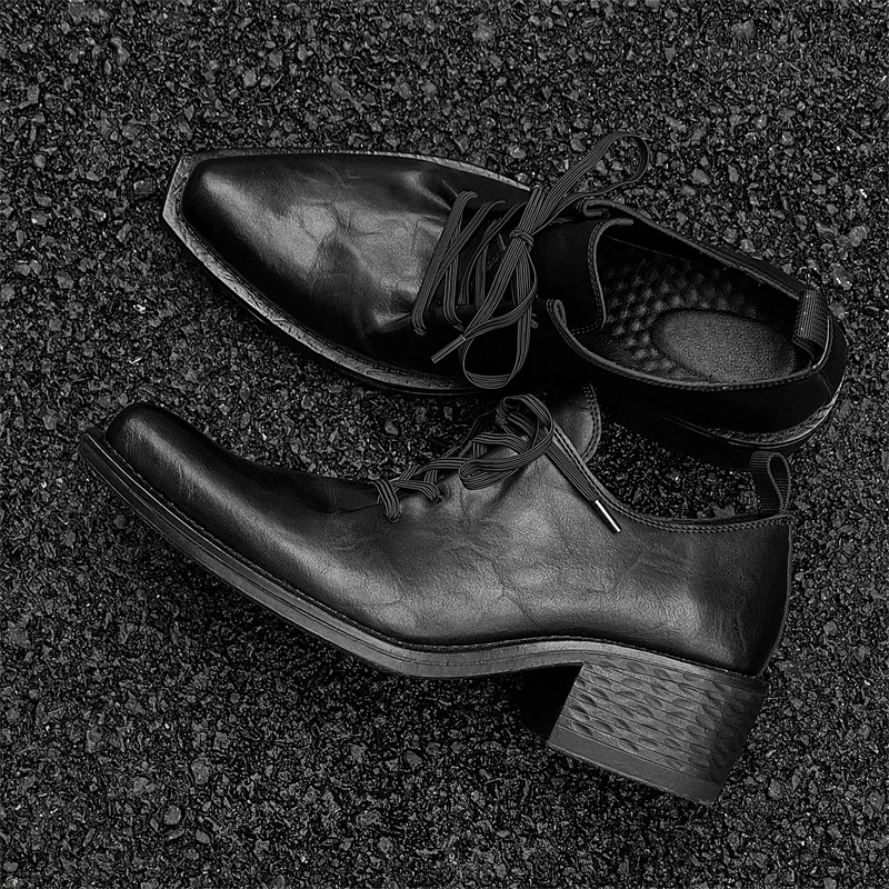 Pointed Couple High Heels Men Style Design Sense Niche Runway Model Casual Height Increasing Black Derby Shoes