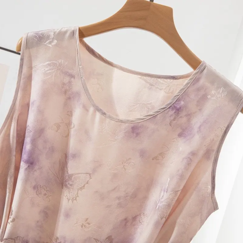 Bequemer Mischungsstil, 100 % natürliche Maulbeerseide, perforierter Jacquard, Blumenrose, lässiges, bedrucktes Westenkleid mit Rundhalsausschnitt