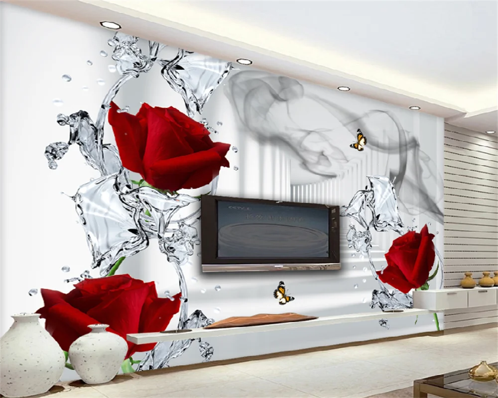 

3D three-dimensional space fashion rose water pattern ink luxury living room TV background wall home decoration wallpaper mural