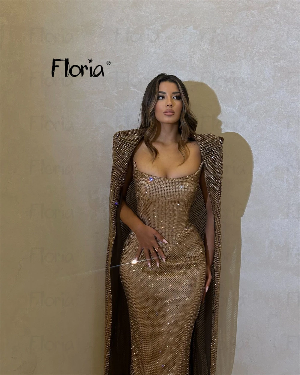 Glitter Caramel Brown Long Cape Sleeve Evening Dress Elegant 2025 Customized Wedding Party Gowns Formal Occasion Prom Gowns