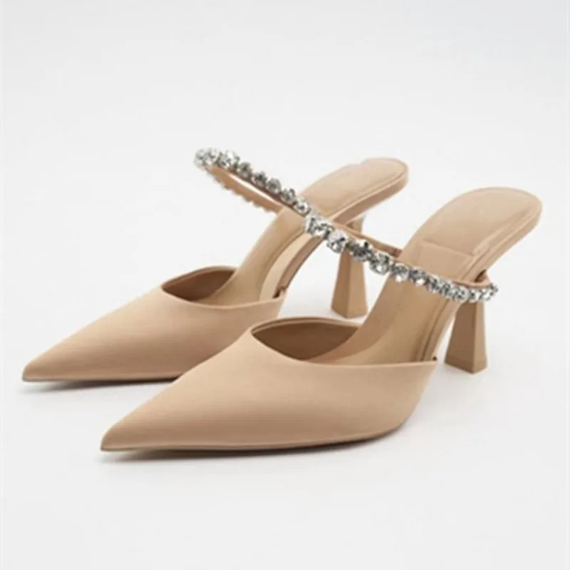 Women's Fashion Crystal Band Shoes High Heel Slippers 2026 Summer Pointed Water Stilettos Mules Sandalia Women Sexy Party Pump