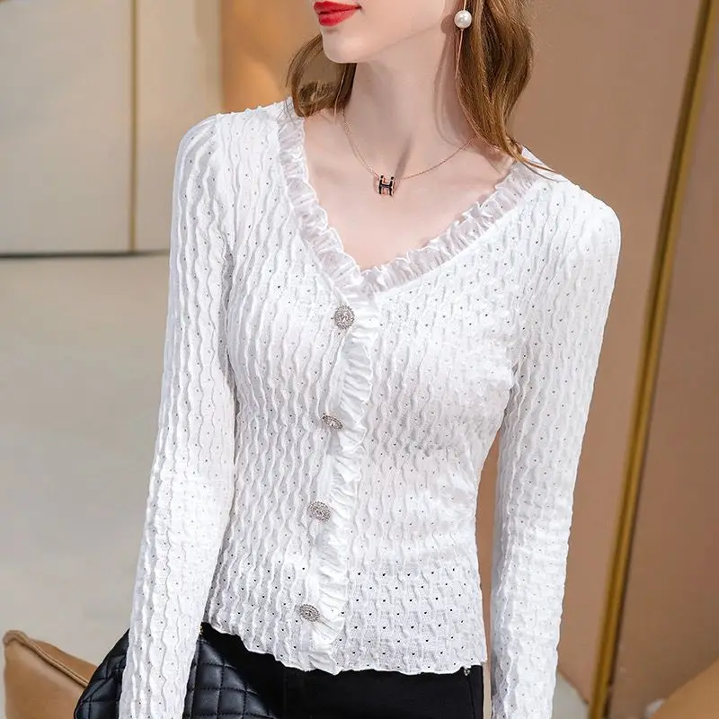 Camiseta de encaje con volantes blancos para mujer, ropa elegante con cuello en V, Top liso de manga larga ajustado, moda de oficina