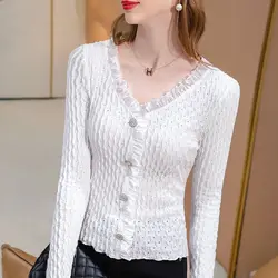 Office Lady Fashion Elegant White Ruffles Lace T-shirt Female Clothing Bottoming Chic Women V-neck Slim Long Sleeve Solid Top