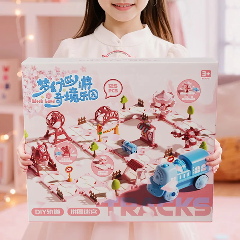 

Princess Castle Puzzles Electric Rail Car Creative Games DIY Assembling Scene Map Rail Train Children Toys Fun Christmas Gifts