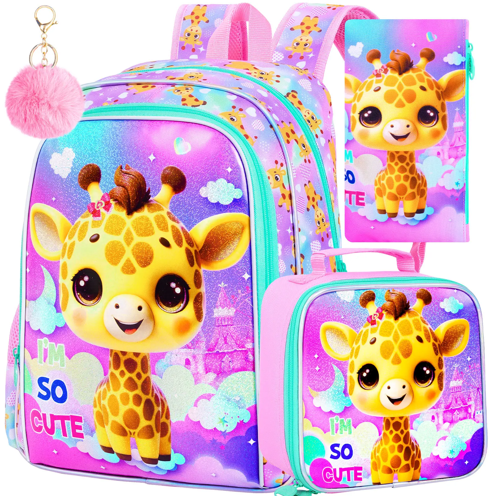 

3PCS Kids Backpacks for Girls, 16" Yellow giraffe Preschool School Bookbag and Lunch Box-Pink