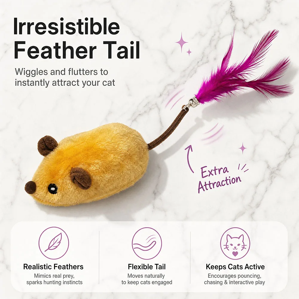 Electric Moving Mouse Cat Toy, Interactive Cat Toy with Feather Tail & Bell, Automatic Obstacle Avoidance Plush Mice Kitten Toy
