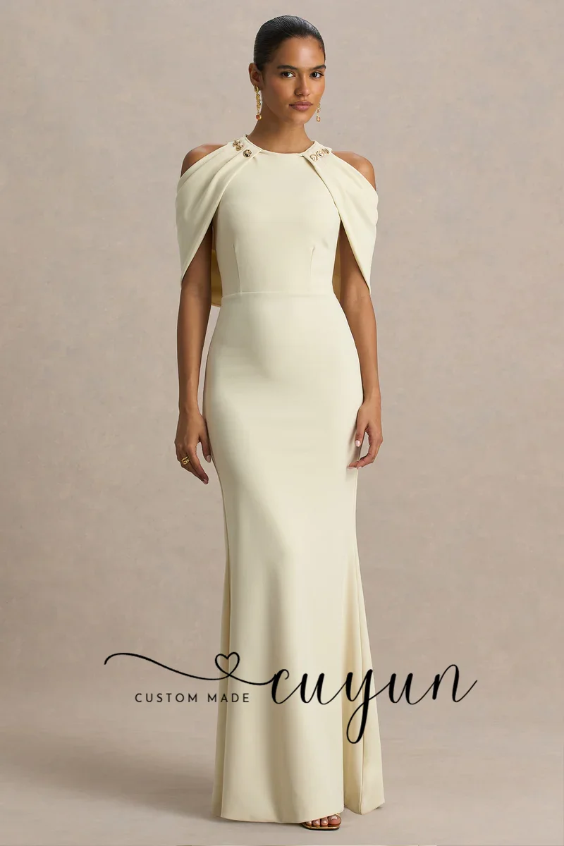 CUYUN Abito da sera formale personalizzato O-Collo Maniche a mantella Abito da festa lungo fino al pavimento Abito da sera elegante stile scialle da donna