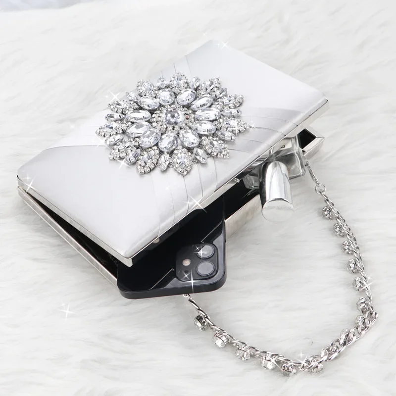 Retro Blue Satin Evening Bags For Women Classic Fashion Crystal Diamond Flower Clutches Square Handbags Prom Party Purses Clutch