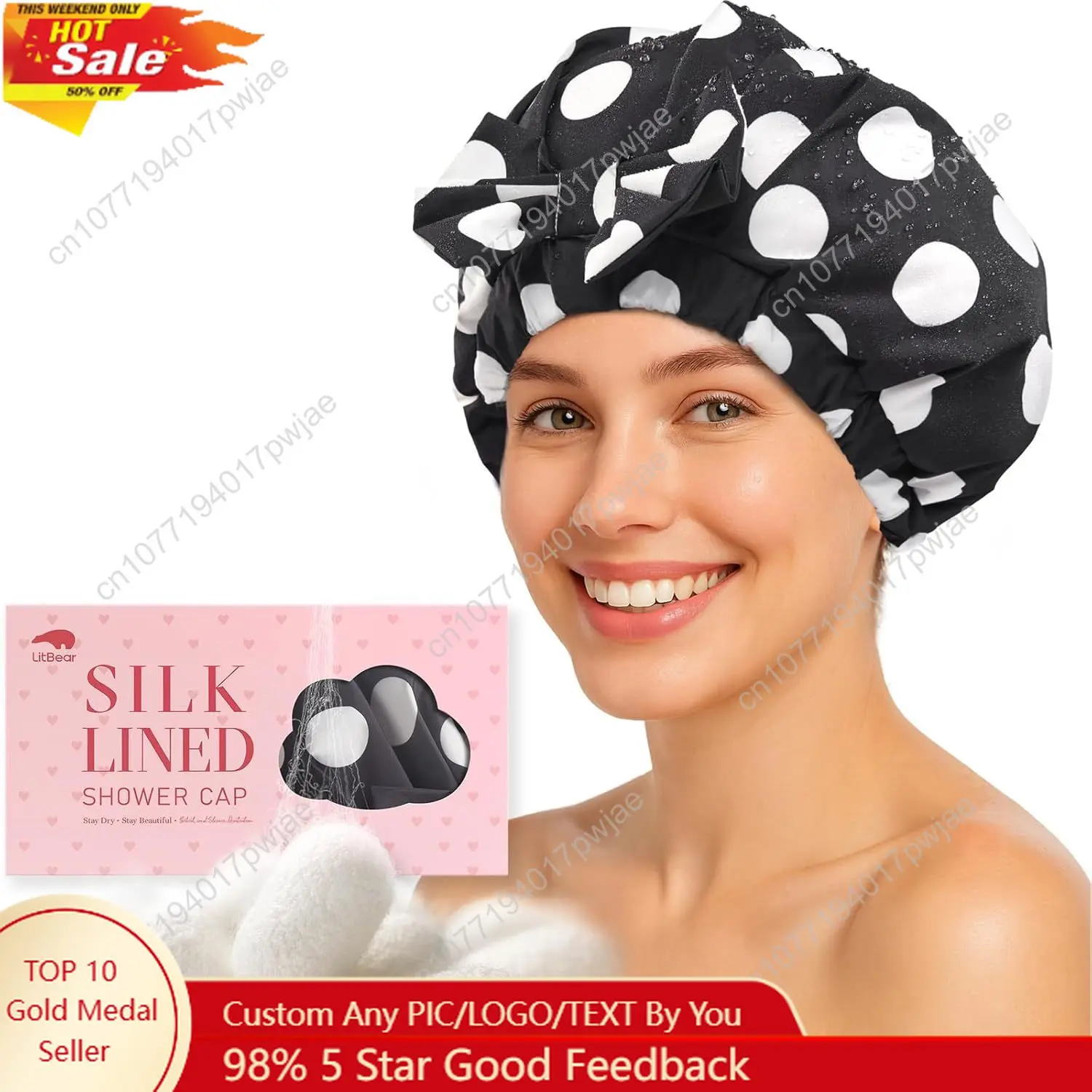 

LitBear Luxury Silk Lined Shower Caps for Women Reusable Waterproof, Double Layered Large Bathing Hair Cap with Adjustable Elast