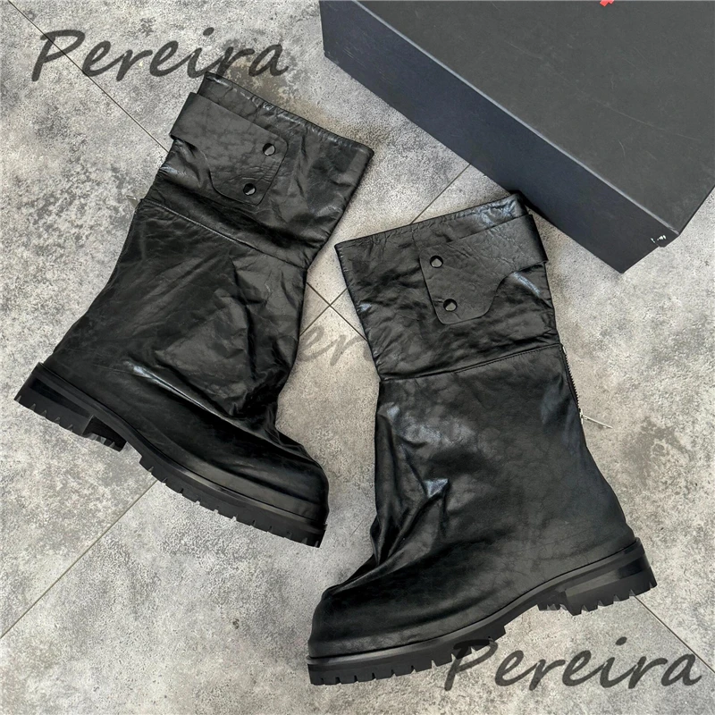 Black Pu Leather Pleated Knight Boots for Men Street Style Thick Soled Round Toe Back Zipper Mid-Calf Boots Trend Men's Shoes