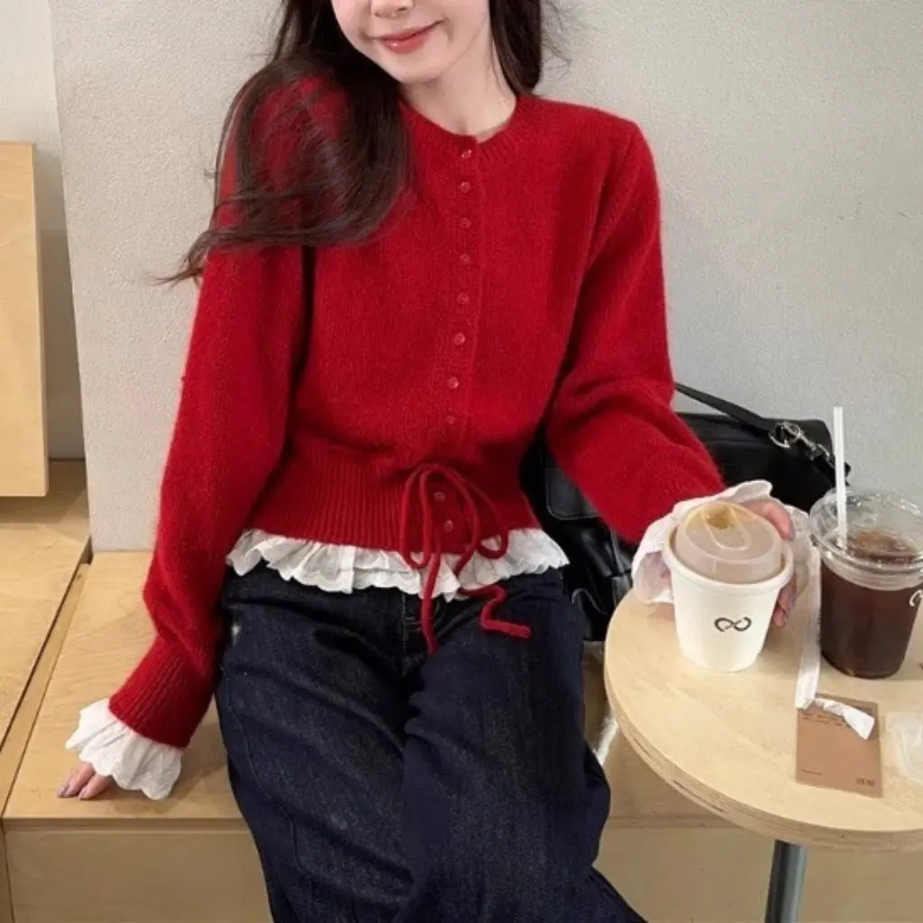 

Women's Autumn Winter Lace Long Sleeve Sweater Coat Waist Cinched Design Bell Sleeve Knitted Top Small Audience Trend