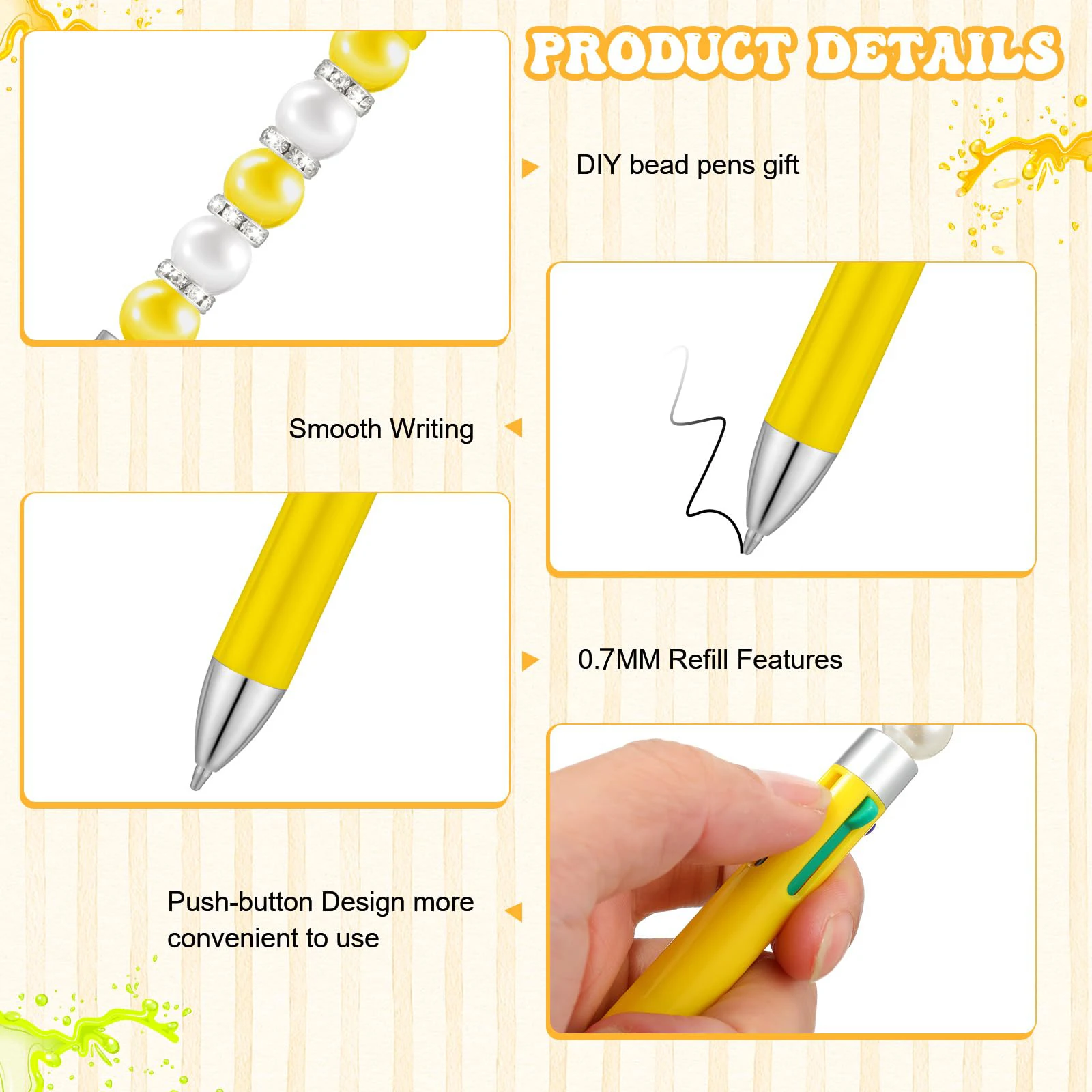 16Pcs Macaron yellow  Business Four Color Refills Beaded Pen DIY Creative Cute Beadable Ball Pen Wholesale Gift Pen