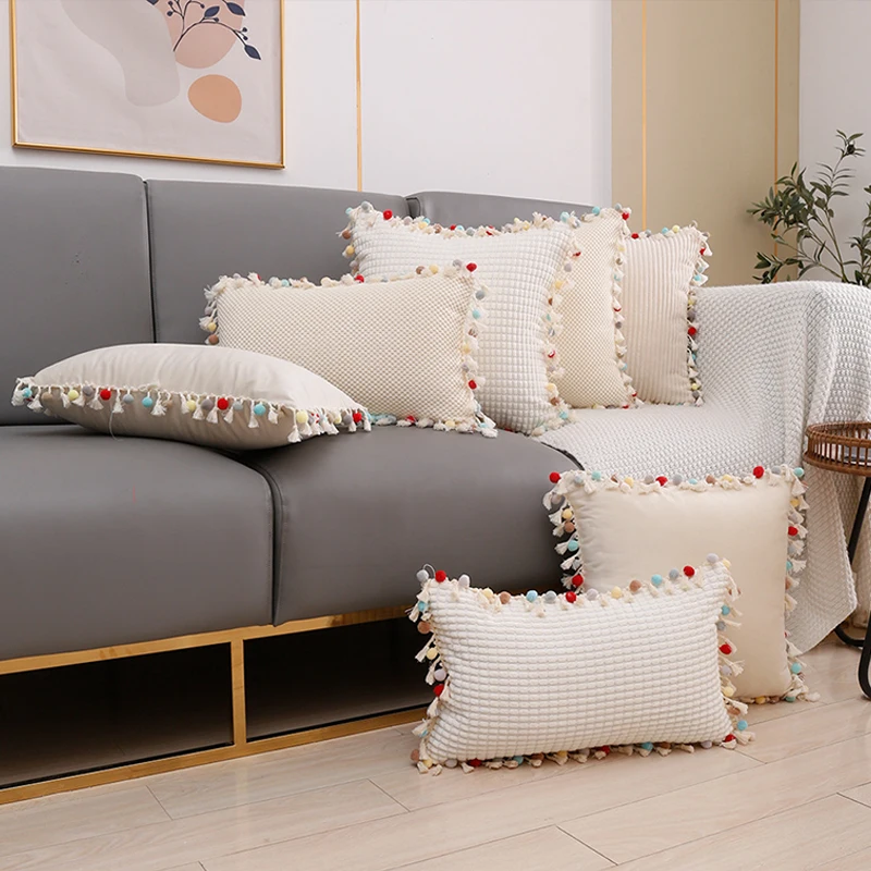 Color Tassel Plush Ball Pillow Cover Nordic Ins Style Color Matching Cushion Cover Swan Plush Ball Lace Pillowcase Home Decor