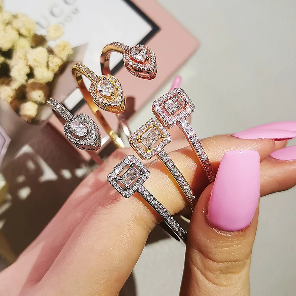 

Luxury Geometry Gold Color Cuff Bangles For Women Fashion Cubic Zirconia Bracelets Party Everyday Jewlery