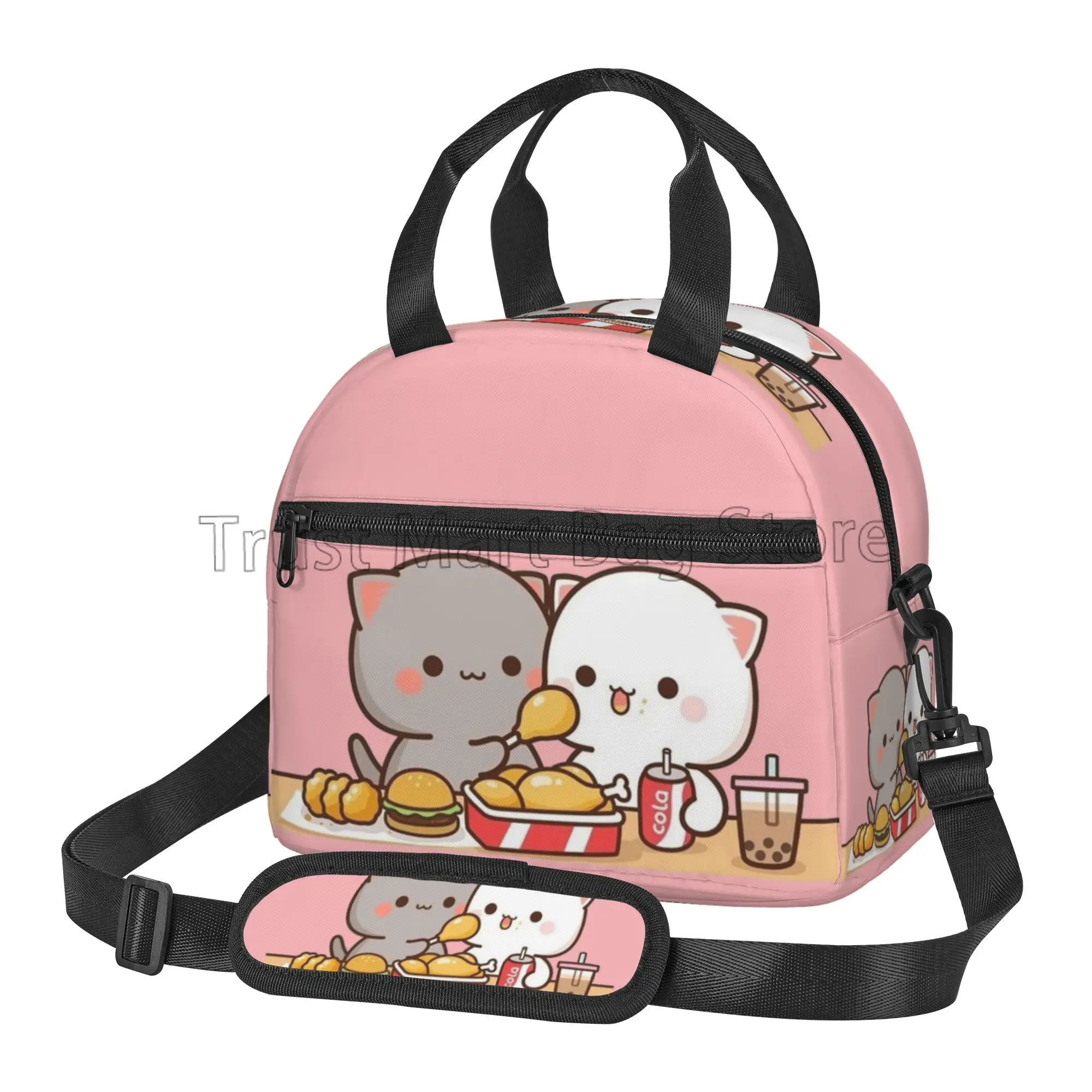 Mochi Cat Peach and Goma Insulated Lunch Bag Reusable Waterproof Bento Tote Cooler Bag Thermal Lunch Box with Adjustable Strap