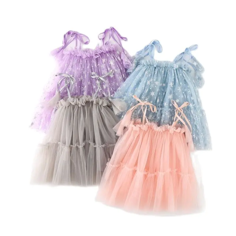 

2022 Summer New Snowflake Print Girls Party Dresses Cake Mesh Princess Dress Baby Bow Suspender Ball Gown Birthday Piano Dress