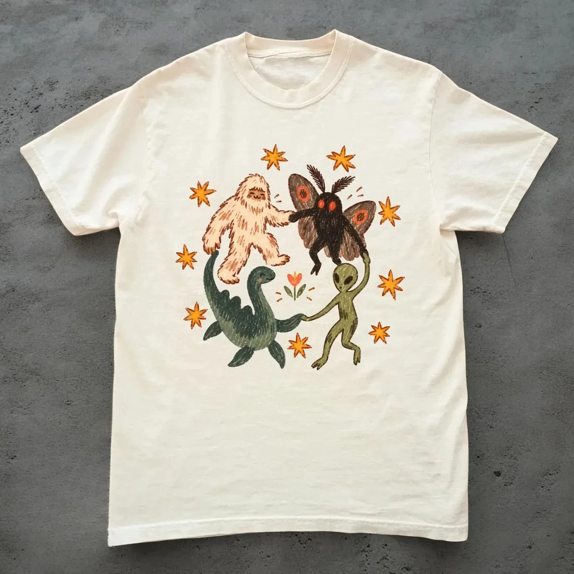 Cryptid Creatures T Shirt Men Women Bigfoot Mothman Alien Loch Ness Monster Print Tee Retro Cartoon Casual Streetwear T-shirt