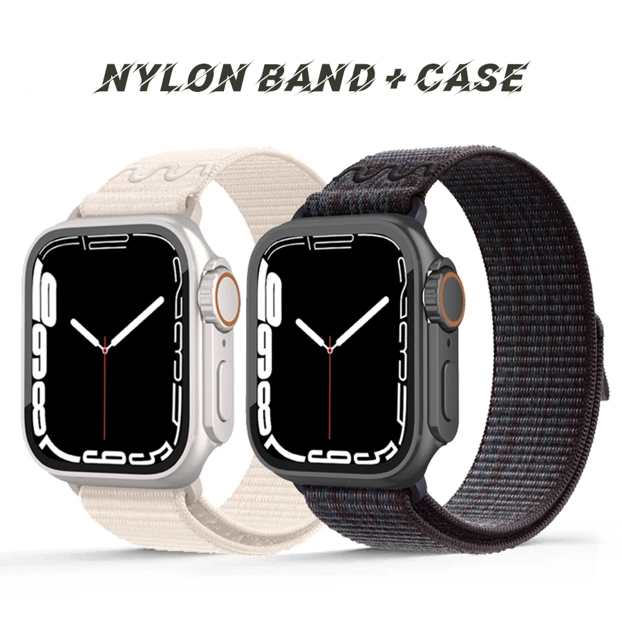 Nylon Loop Sports Strap +Case For Apple Watch 9 8 7 6 5 4 45 44 41 40mm Luxury Leisure Bracelet Correa  For Iwatch8 7 6