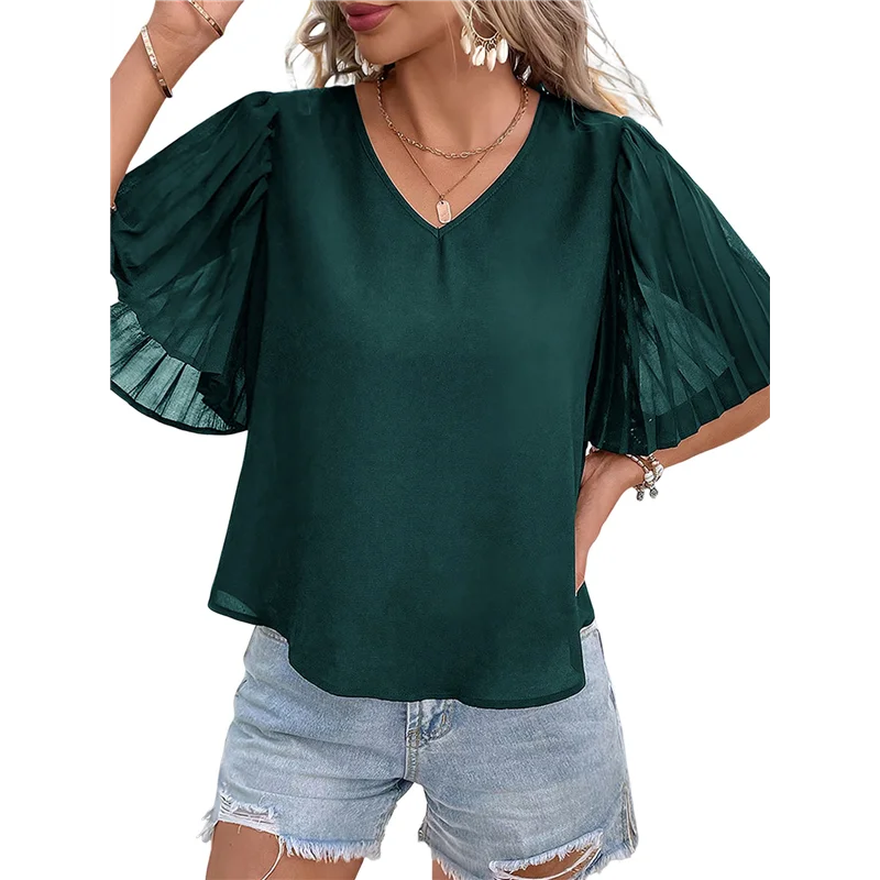 【SEE】Women Dressy Blouses Summer Puff Petal Short Sleeve Shirts V Neck Business Casual Work Tops