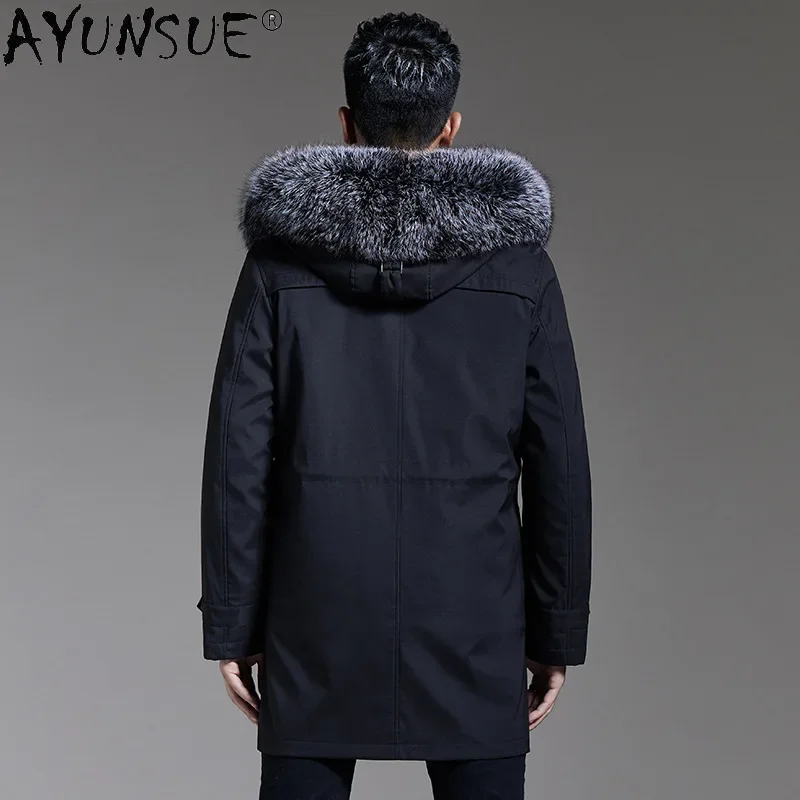 AYUNSUE Winter Real Fur Parka Men Detachable Mink Fur Liner Coats Silver Fox Fur Collar Thickened Overcoat Fur Jackets Hooded