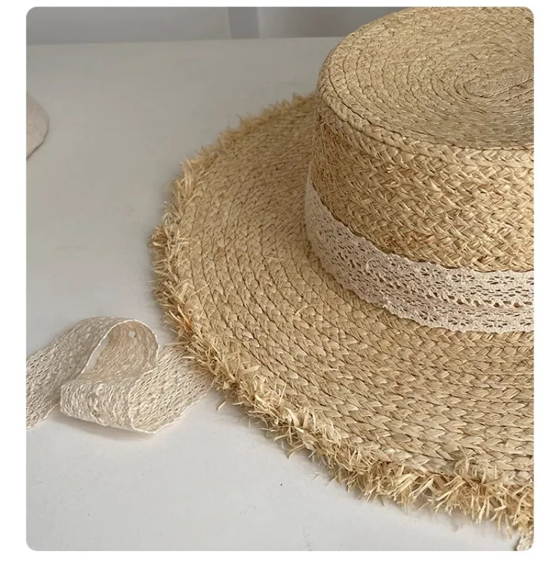 Flat Natural Raffia Straw Hat Women\'s Summer 2024 New Korean Version Ins Small Fresh French Lace Seaside Beach Hat