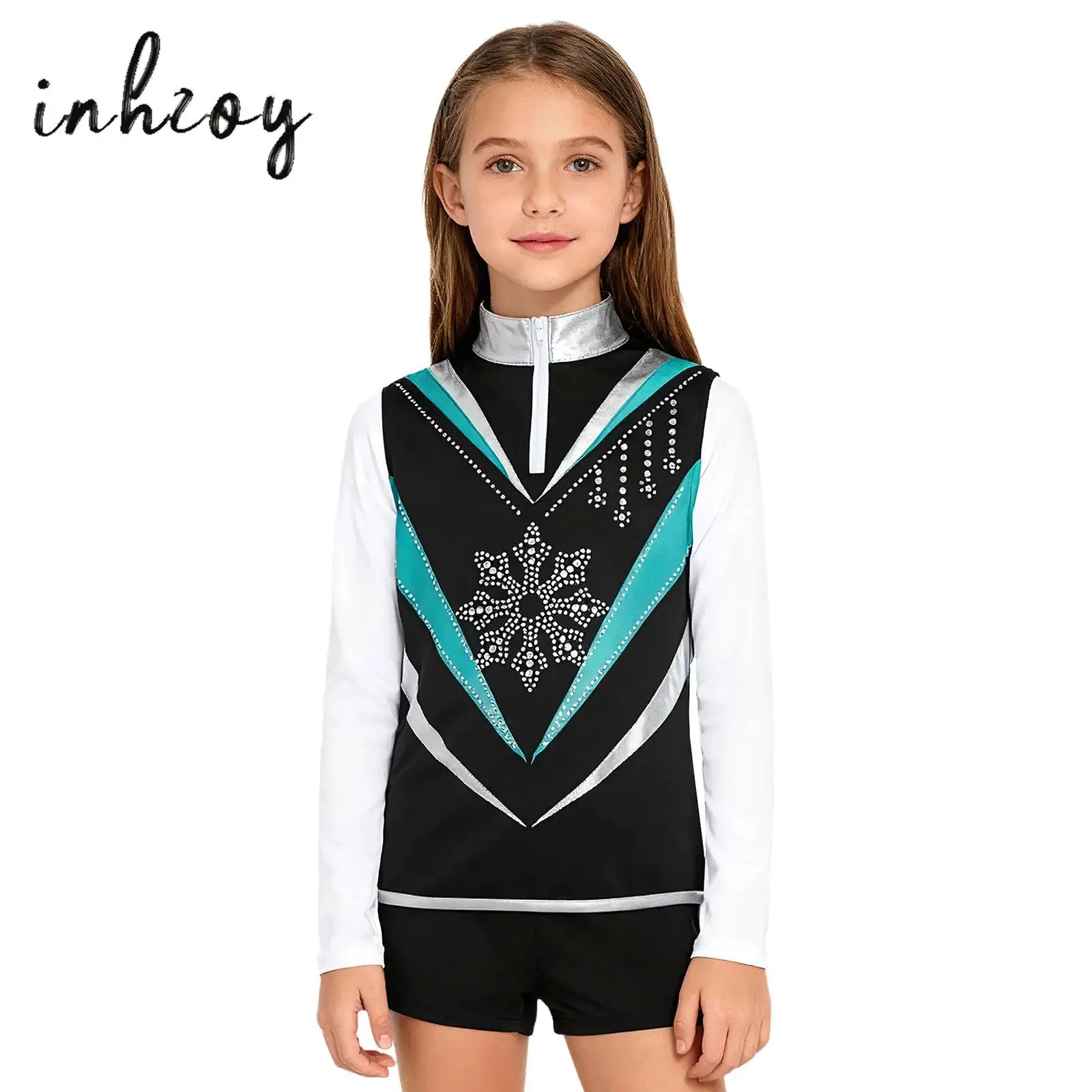 

Kids Girls Figure Skating Dance Top Vest Fashion Snowflake Zip-Up Stand Collar Sleeveless Contrast Color Training Practice Top