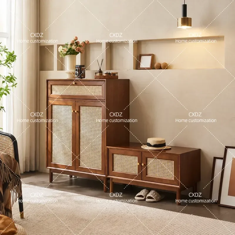 Nordic Solid Wood Rattan Shoe Cabinet Japanese Style Storage Locker for Small Apartment Household Entryway Organizer