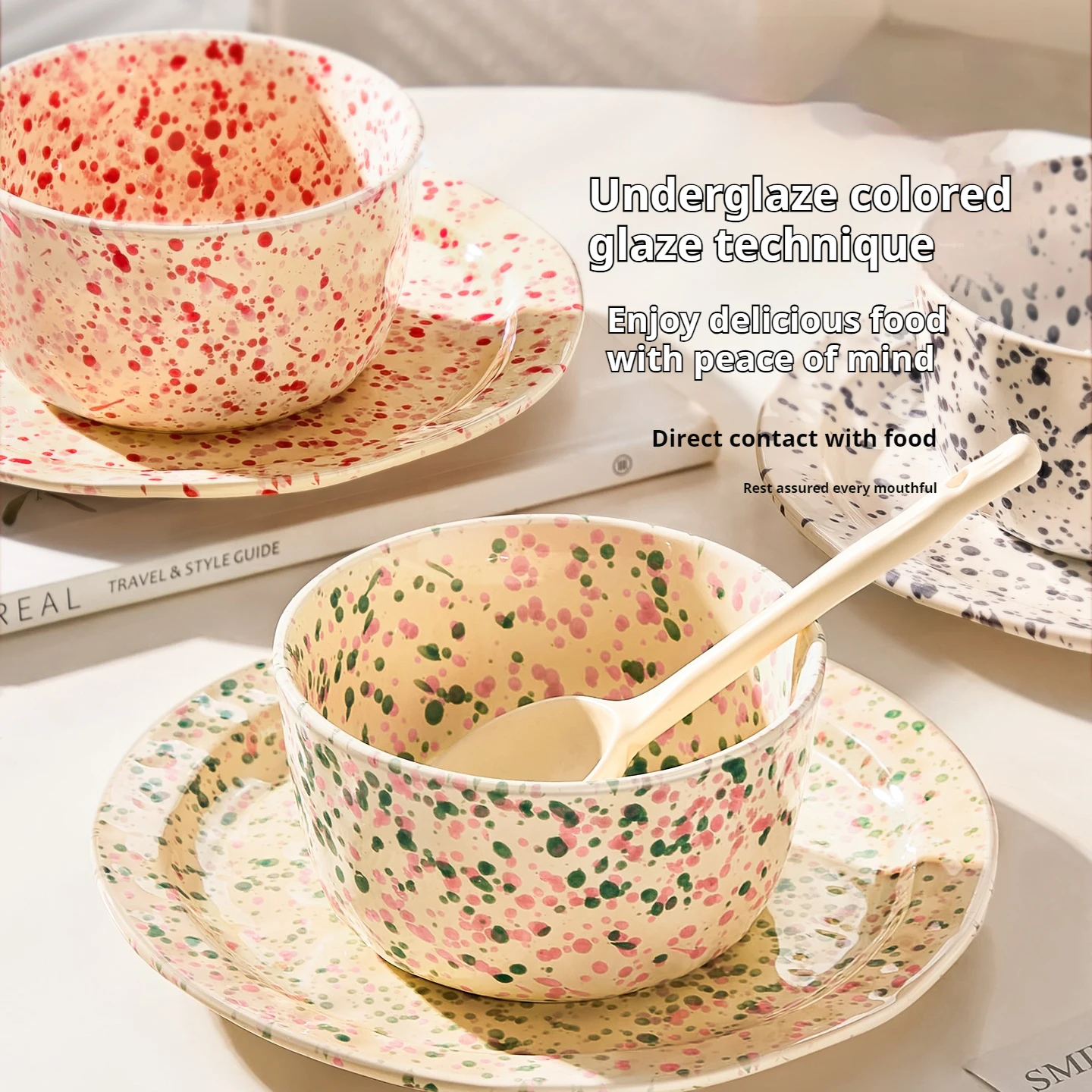 Vintage Splash Ink Ceramic Bowls Household Durable Cute 4.7Inches Yogurt Bowl Kitchen Fruit Bread Porcelain Plates Tableware