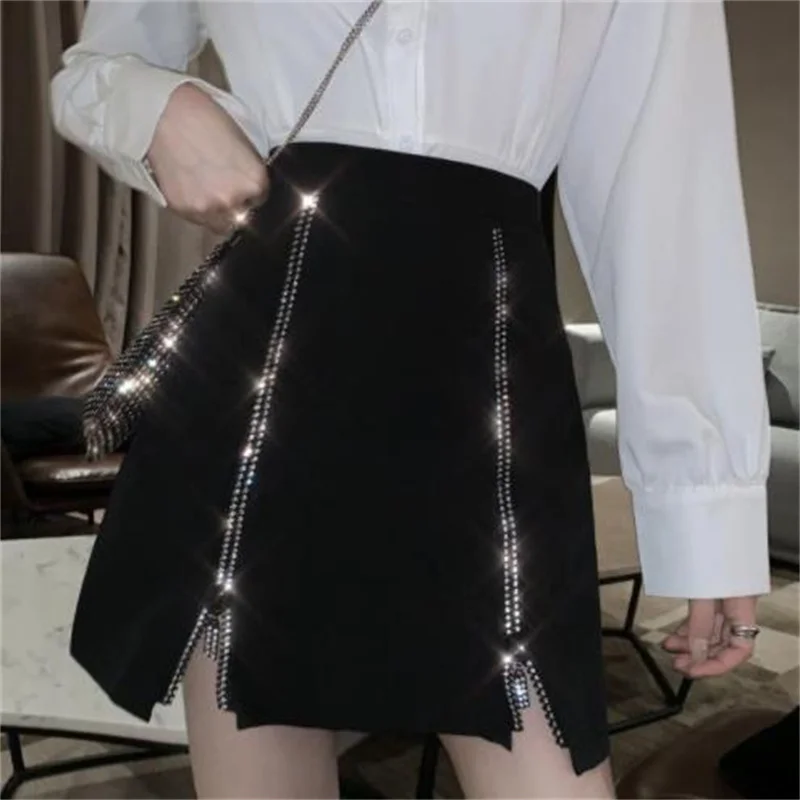 

Beaded Diamond high waist skirt zipper a-line short skirt slit casual