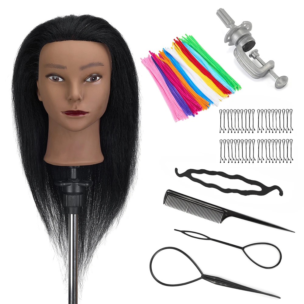 Afro Mannequin Heads with 100% Real Hair and Adjustable Stand for Braiding Hair Training Doll Head for Wig Tete A Coiffer